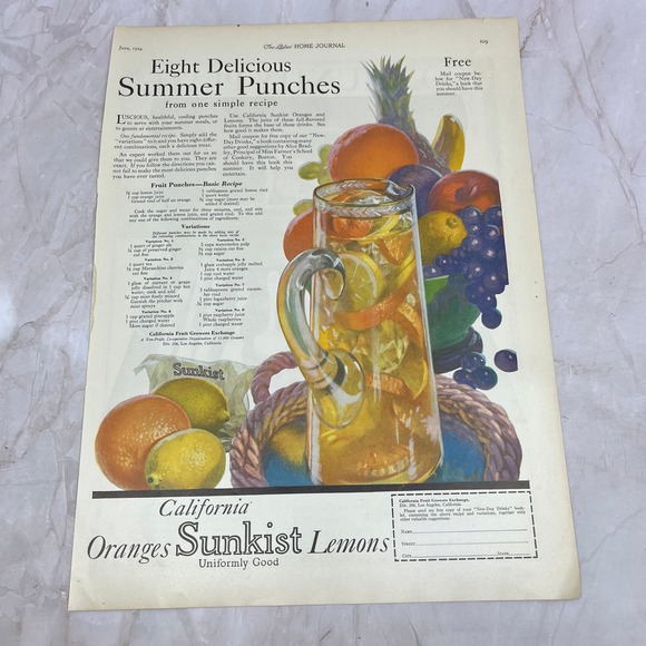 qu Other - California Sunkist Oranges Lemons Summer Punch Recipe 1924 Magazine Ad FL6-11